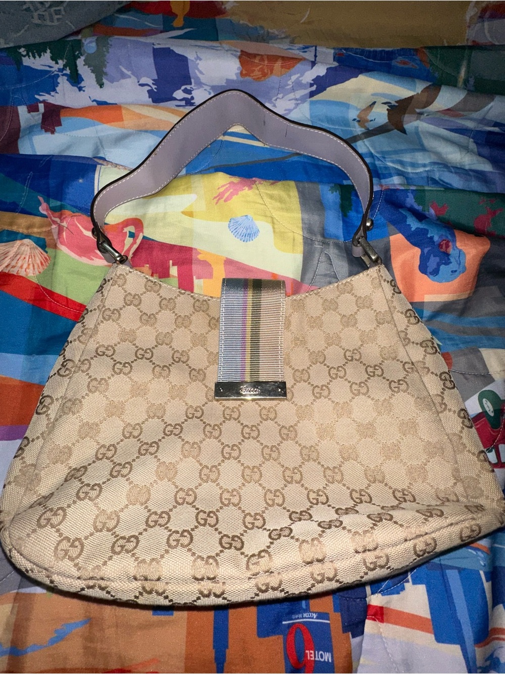 Gucci Beige GG Canvas Shoulder Bag with Multicolor Stripe Tab and Leather Strap